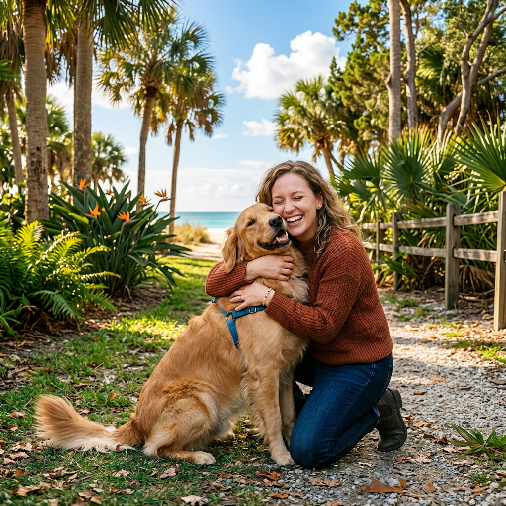 Woman kneeling on a leaf-covered trail hugging a golden retriever with autumn trees in background
